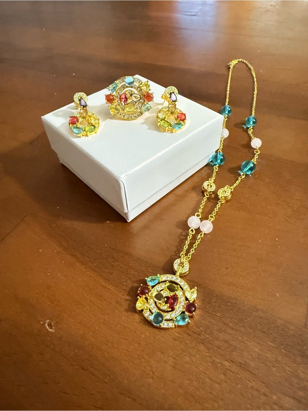 Gold-Tone Multicolor Crystal Pendant Necklace & Earring Set